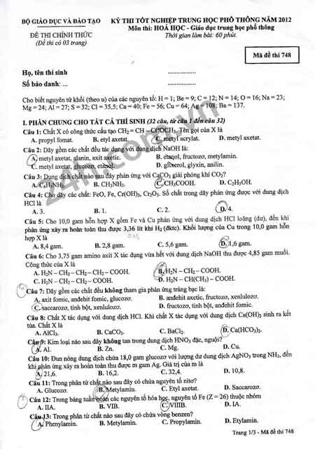 Đề thi tốt nghiệp môn Hóa học năm 2012 - 4