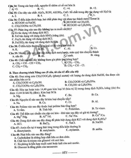 Đề thi tốt nghiệp môn Hóa học năm 2012 - 6