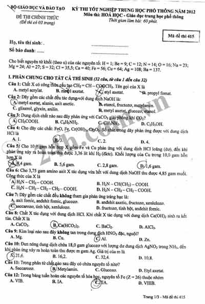 Đề thi tốt nghiệp môn Hóa học năm 2012 - 7