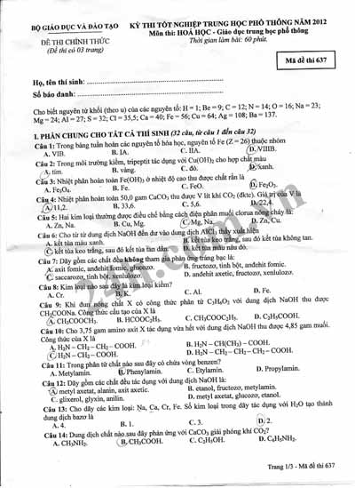 Đề thi tốt nghiệp môn Hóa học năm 2012 - 13