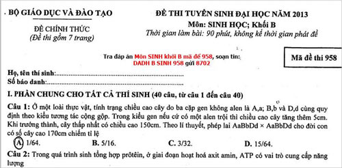 Đã có đáp án tham khảo môn Sinh - 1
