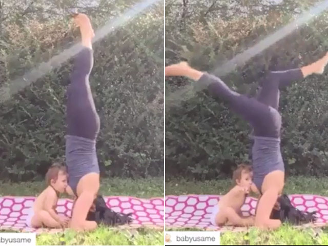 Clip mẹ tập yoga ”trồng cây chuối” cho con bú hút 7,4 triệu lượt xem