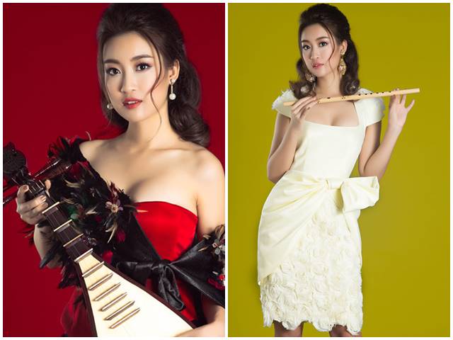 Người mẫu - Hoa hậu - HH Mỹ Linh đẹp lạ với đầm cúp ngực ôm đàn tì bà