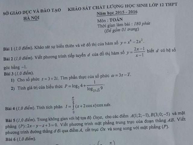 Giáo dục - du học - Hà Nội: Đề thi thử môn Toán kỳ thi THPT quốc gia