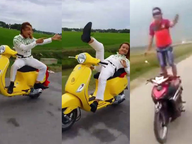 Tin tức trong ngày - Nam thanh niên buông tay “làm xiếc”, bịt mắt lái xe máy