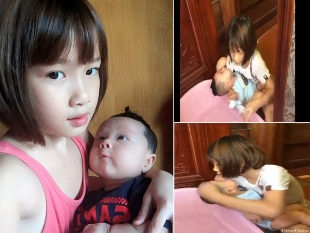 Bạn trẻ - Cuộc sống - Xôn xao clip bé gái 9 tuổi tắm cho em trai 2,5 tháng