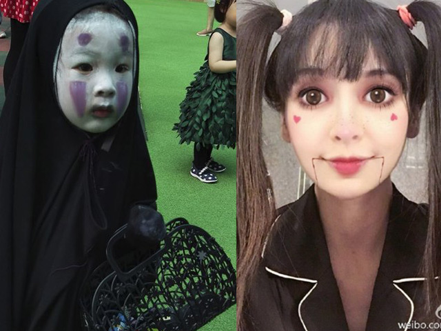 Mỹ nữ Á chào thua em bé hóa trang "người không mặt"