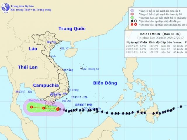 Bản tin bão 23h30: Bão Tembin sẽ “sức tàn lực kiệt” khi tới Cà Mau