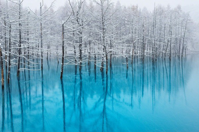 Hồ nước xanh (Blue Pond, Nhật Bản) được biết đến là hồ nước có màu sắc thay đổi theo thời tiết.

