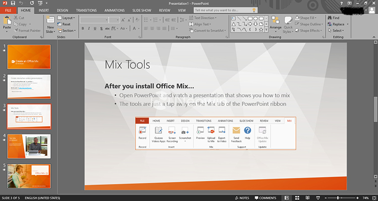 Microsoft Office PowerPoint: Thẻ Home phụ trên giao diện soạn thảo.
