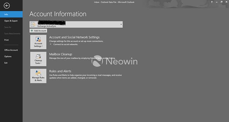 Microsoft Office Outlook: Các tùy chọn xem thông tin tài khoản email.
