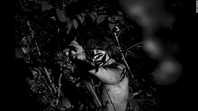 Muturuhum, một thành viên của bộ lạc dùng cung tên để săn bắn trong khu rừng nhiệt đới Amazon.