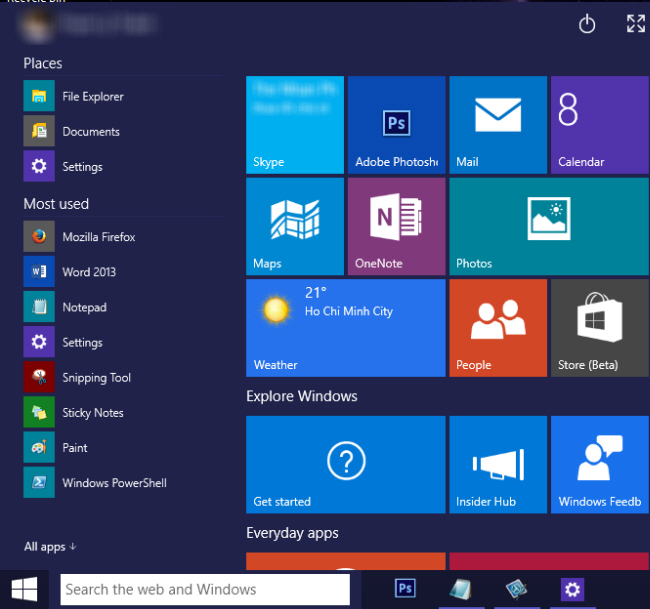 Start Menu được thiết kế lai giữa truyền thống và hiện đại.
