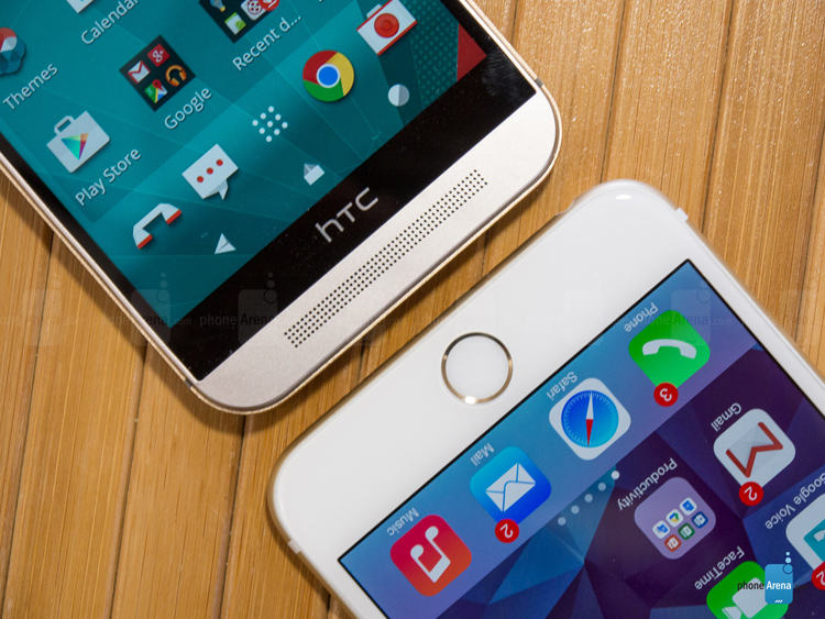 Phía dưới màn hình, HTC One M9 nổi bật với dải loa, còn 6 Plus ấn tượng với nút Home viền sáng bóng.
