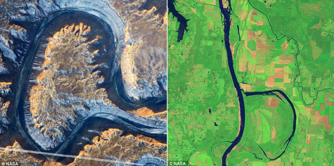 Phi hành gia từ Trạm không gian quốc tế (ISS) chụp được dòng sông Green có hình chữ “A” tại bang Utah ở Mỹ (trái), trong khi hình chữ “B” xuất hiện trong bức ảnh do vệ tinh Landsat 8 chụp sông Arkansas trong khu bảo tồn Holla Bend, Mỹ.