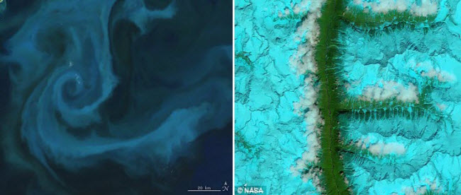 Vệ tinh Aqua của NASA chụp được đám phù du hình chữ “E” trên biển ngoài khơi bờ biển New Zealand (trái), trong khi cữ “F” xuất hiện rõ nét trong bức ảnh vệ tinh chụp dãy núi Tây Tạng phủ đầy tuyết.