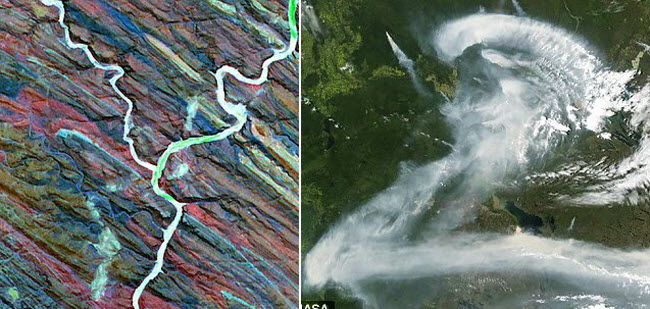 Sông Ugab có hình chữ “Y” ở Namibia (trái), trong khi vệ tinh Aqua của NASA chụp được khói có hình chữ “Z” &nbsp;từ đám cháy rừng ở Canada.