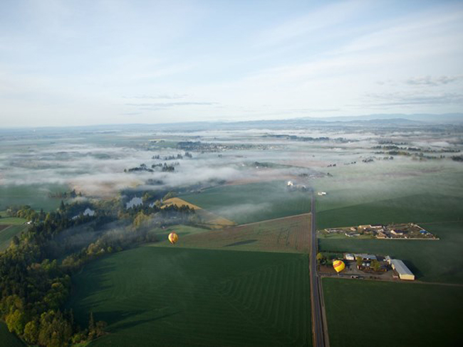 Đám sương mờ ảo đang phủ trên vùng Newberg, bang Oregon trước khi du khách trên khí cầu của hãng Vista Balloon Adventures đón những tiên nắng đầu tiên của ngày. Ảnh: Bryan Rupp&nbsp;
