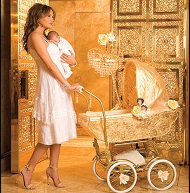 Barron Trump, con trai út của tân Tổng thống Mỹ được mệnh danh là "cậu bé vàng" vì ngay từ khi sinh ra, cậu bé đã được cha mẹ đặt trong một chiếc xe đẩy mạ vàng.