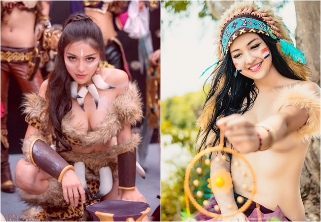 Tạo hình thổ dân của hot girl Lý Nhược Na (ảnh trái) khiến nhiều người nghĩ tới bộ ảnh của thiếu nữ người Việt hồi năm 2015 (ảnh phái).