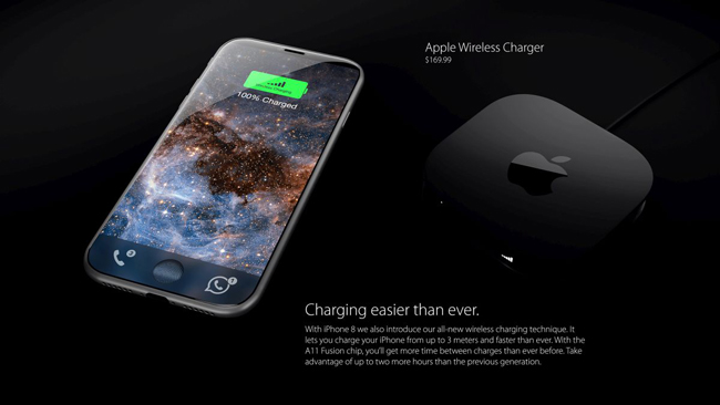 Dựa trên những tin đồn, nhà thiết kế Handy Abovergleich đã tạo ra một mẫu iPhone 8 concept siêu đẹp, tích hợp sạc nhanh, sạc không dây cho phép sạc trong bán kính 3m, với giá phụ kiện là 169,99 USD.