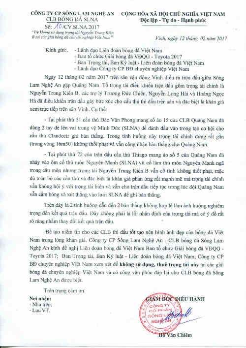 SLNA bức xúc viết đơn tố trọng tài Nguyễn Trung Kiên B - 1