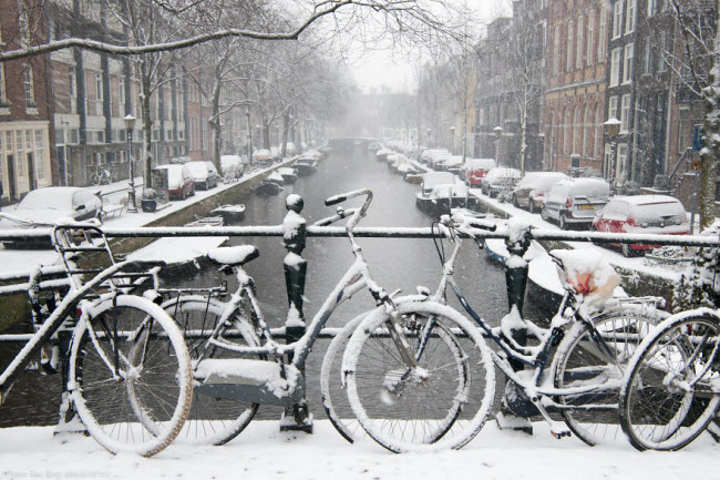 Hiện tượng tuyết rơi không thường xảy ra tại thành phố Amsterdam.