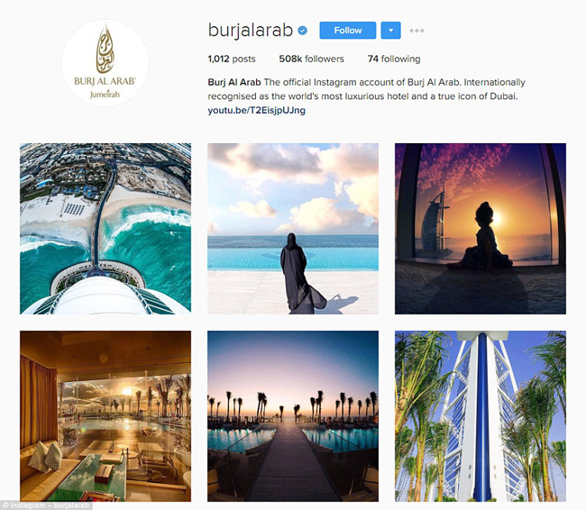 Burj Al Arab hiện là khách sạn có lượng người theo dõi trên Instagram lớn nhất thế giới (lên tới nửa triệu người).