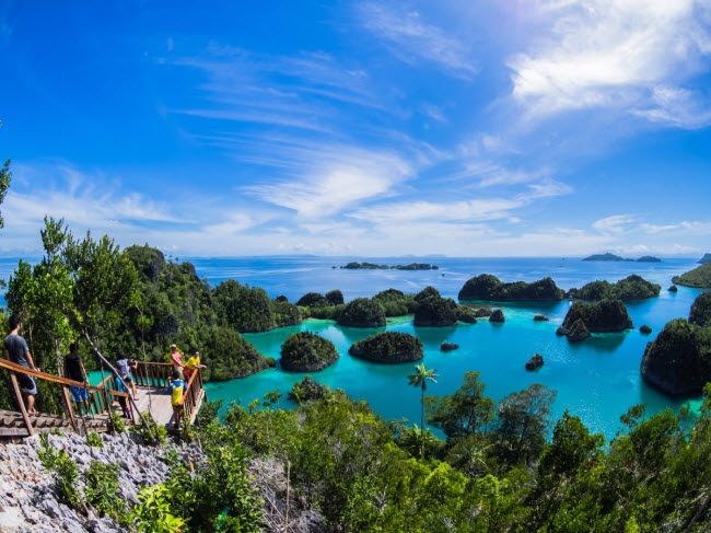 1. Quần đảo Raja Ampat, Indonesia: Nước biển trong xanh quanh quần đảo Raja Ampat rất phù hợp cho các hoạt động lặn. Nếu bạn ưa mạo hiểm, có thể bơi cùng cá mập voi tại vịnh Cenderawasih hay khám phá hang động và tranh đá cổ trên đảo Misool. Những người yêu cây cối có thể tới đảo Waigeo, thiên đường của các loài chim.