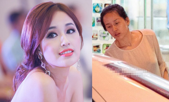 Trong một bức ảnh "chụp trộm" người đẹp Mai Phương Thúy trước đây (phải) để lộ vẻ mặt mộc hốc hác. Trong khi đó ảnh trên tạp chí của hoa hậu đẹp không tì vết.