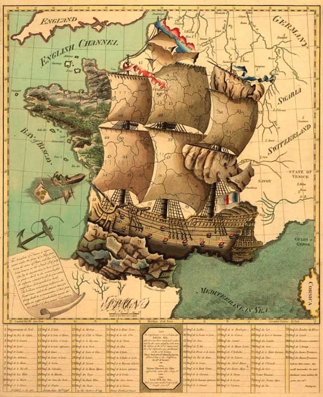 Bản đồ nước Pháp được vẽ theo hình chiếc thuyền căng buồm ra khơi thể hiện khát vọng chinh phục, khám phá biển cả và là một trong những quốc gia hàng đầu về hàng hải.