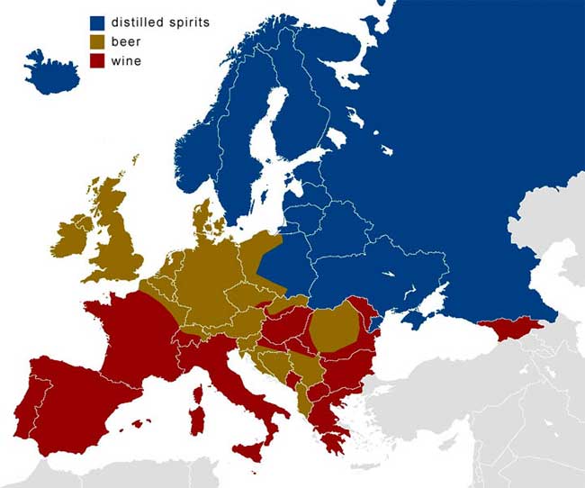 Tấm bản đồ này mô tả những món đồ uống có cồn được yêu thích nhất tại châu Âu. Cụ thể, người dân sống ở khu vực phía Bắc thích uống rượu chưng cất, khu phía Nam thích rượu vang và miền Trung khoái khẩu bia.