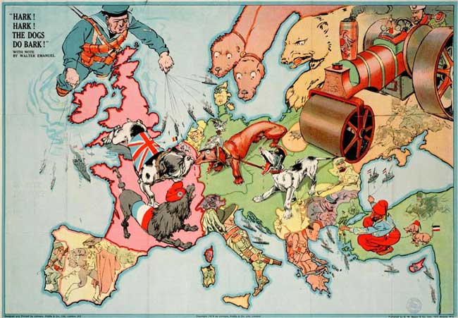Trong chiến tranh thế giới I, những tấm bản đồ như thế này thể hiện cuộc chiến tranh giành đất đai, quyền lực của những quốc gia hùng mạnh được thể hiện thành những chú khuyển khoác lên mình quốc kỳ.
