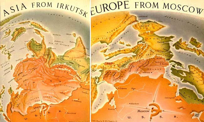 Đây là tấm bản đồ thể hiện thời kỳ Chiến tranh Lạnh. Trong đó miêu tả tình hình khu vực châu Á và châu Âu đầu những năm 1950.