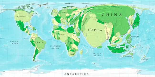 Đây là tấm bản đồ biến tướng vẽ diện tích của các quốc gia trên thế giới to hay nhỏ phụ thuộc vào số lượng dân số của mỗi nước.