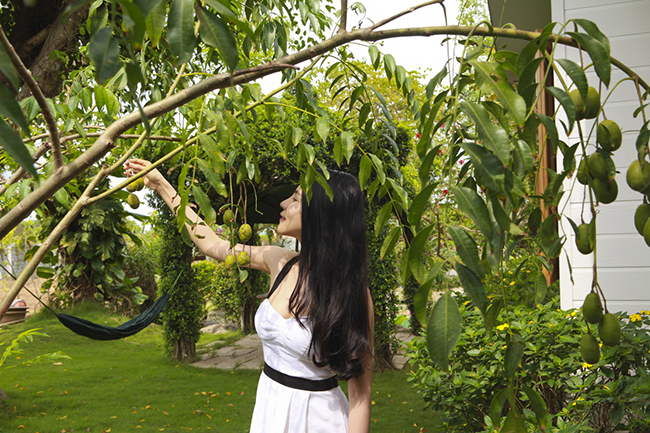 Nhà vườn của ca sĩ Kiwi Ngô Mai Trang nằm trong làng biệt thự vườn Gia Phú Viên rộng 10.000 m2 tại huyện Bình Chánh, TP.HCM.
