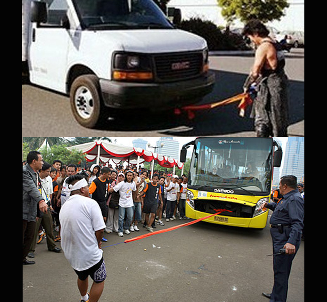 Đám đông ở Jakarta (Indonesia) được dịp tròn mắt kinh ngạc và cười chảy nước mắt khi anh chàng Jaja Stone biểu diễn công phu kéo xe. Một đầu dây cáp được gắn vào chiếc xe buýt nặng 8,9 tấn, đầu kia được anh chằng vào 'của quý' của mình. 
