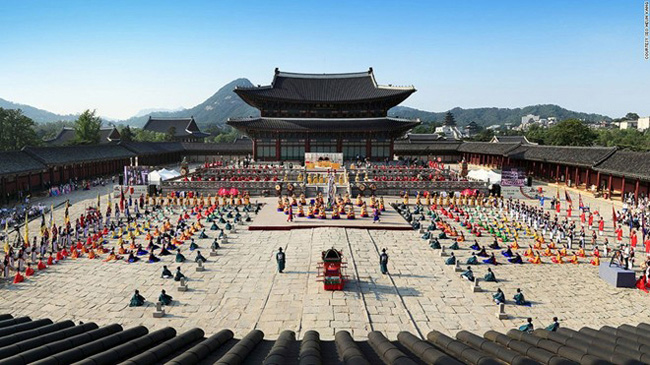 7.&nbsp;Geunjeongjeon, Gyeongbokgung:&nbsp;Những vấn đề đại sự từng được bàn bạc tại điện Geunjeongjeon nằm trong cung Gyeongbokgung, Jongno-gu, Seoul. Buổi lễ trong bức ảnh được tổ chức để chào mừng sự trao trả các cuốn sách của hoàng gia Hàn Quốc từng bị quân đội Pháp lấy 145 năm trước.
