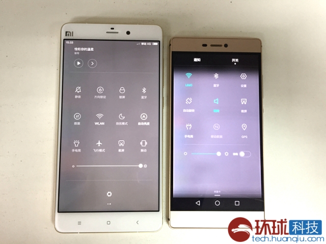 Xiaomi Note  có kiểu dáng mỏng 7 mm, còn Huawei P8 dày 6,4 mm.
