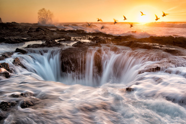 Nằm trên mũi Perpetua (bang Oregon, Mỹ), Thor’s Well như một đài phun nước được tạo bởi sóng Thái Bình Dương.
