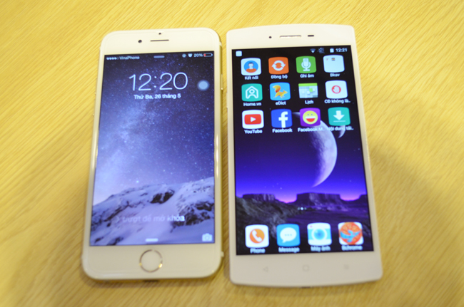 Kích thước của Bphone nhỉnh hơn một chút so với iPhone 6, hai cạnh trên dưới thiết kế cong nhẹ, trong khi Apple là phẳng
