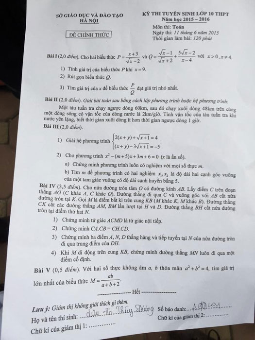 Đề thi Toán vào lớp 10 ở Hà Nội: Hình học “làm khó” thí sinh - 3