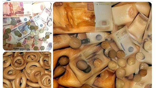 Bánh mì kết hợp với tiền giấy và tiền xu tạo nên một bức ảnh kỳ lạ.