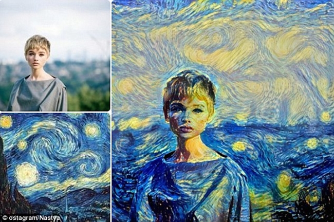 Màu sắc từ bức tranh Vincent Van Gogh của Starry Night kết hợp với một người mẫu ảnh tạo nên một bức tranh chân dung tuyệt diệu.