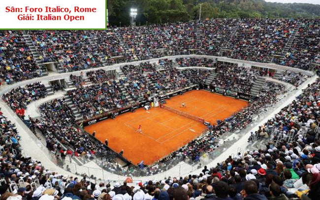 Sân Foro Italico, giải Italian Open. Rome Masters là giải đấu lớn cuối cùng để các tay vợt thử sức trước khi bước vào chinh phục Roland Garros. Đến với sân Foro Italico bạn có cảm giác như lạc vào một sân bóng đá với khán đài rộng lớn.
