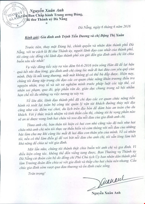 Bí thư Đà Nẵng gửi thư cho gia đình nạn nhân vụ chìm tàu - 1