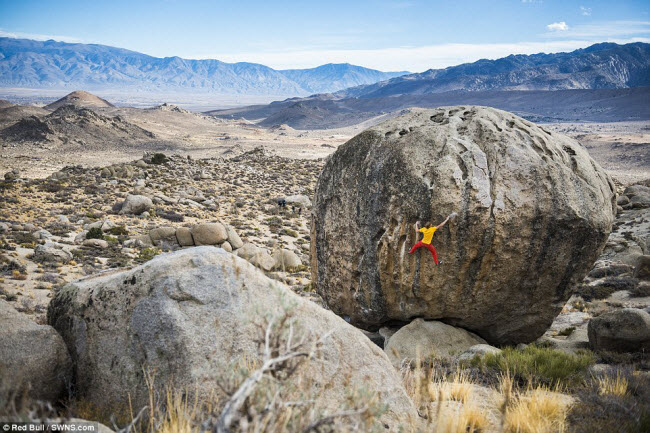 Alex Megos trèo lên tảng đá Beekeepers Apprentice tại núi Buttermilk Boulders gần thành phố Bishop, bang California, Mỹ.