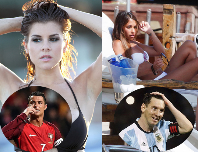 Antonella – cô bồ của Messi (phải) và Paula Suarez - người yêu tin đồn của Ronaldo (trái) đều là những người đẹp gợi cảm.