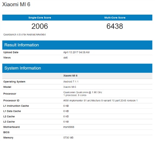 Xiaomi Mi 6 “vượt mặt” Galaxy S8 trên bài kiểm tra hiệu năng Geekbench - 1