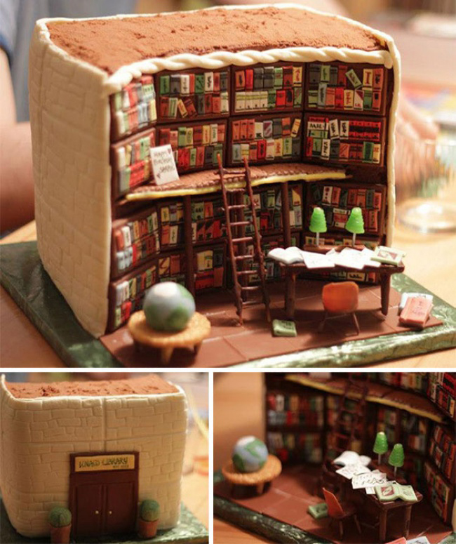 Chiếc bánh thư viện này được làm tỉ mỉ tới từng cuốn sách.